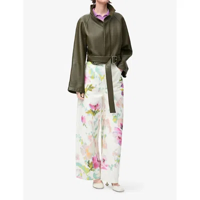 Loewe Floral Print Wide Leg Denim Trousers In White