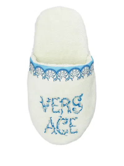 Versace Embroidered Slippers In White