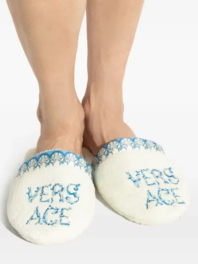 Versace Embroidered Slippers In White