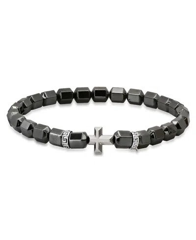 Steeltime Men's Sterling Silver Cross And Hematite Beaded Stretch Bracelet