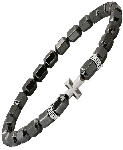 Steeltime Men's Sterling Silver Cross And Hematite Beaded Stretch Bracelet