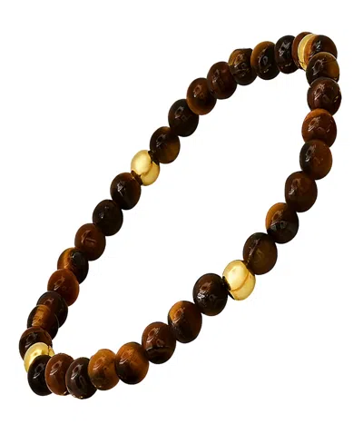 Steeltime Men's 14k Gold Plated Sterling Silver And Tiger Eye Beaded Stretch Bracelet