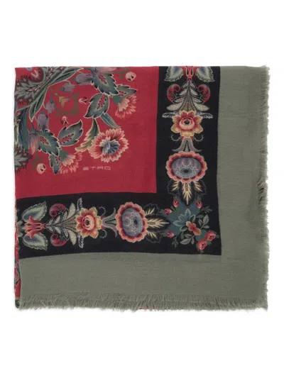 Etro Multicolor Square Scarf With All-over Floral Motif In Neutral