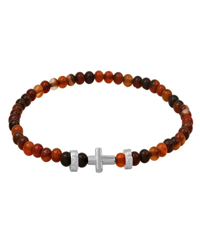 Steeltime Men's Sterling Silver Cross And Red Tiger Eye Beaded Stretch Bracelet