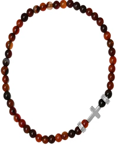 Steeltime Men's Sterling Silver Cross And Red Tiger Eye Beaded Stretch Bracelet