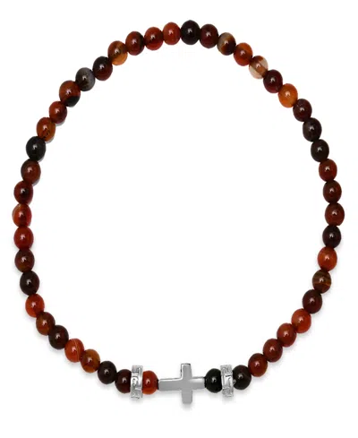 Steeltime Men's Sterling Silver Cross And Red Tiger Eye Beaded Stretch Bracelet