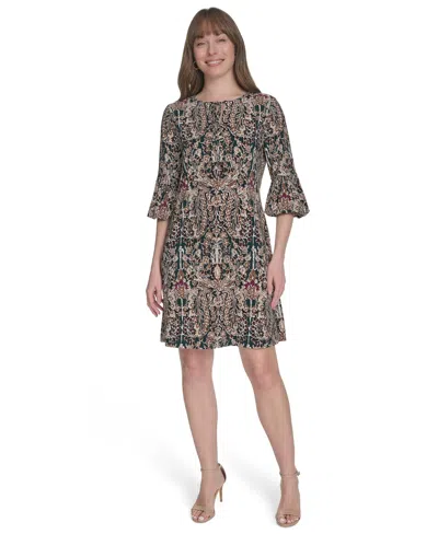 Tommy Hilfiger Women's Printed Tie-neck Shift Dress In Green