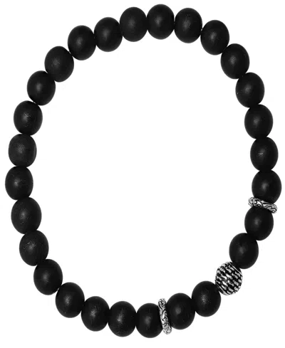 Steeltime Men's Sterling Silver And Black Lava Beaded Stretch Bracelet