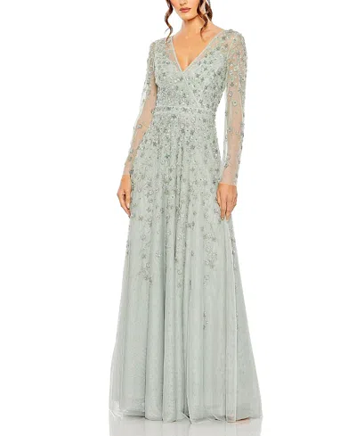 Mac Duggal Embellished Wrap Over Illusion Long Sleeve A Line In Green