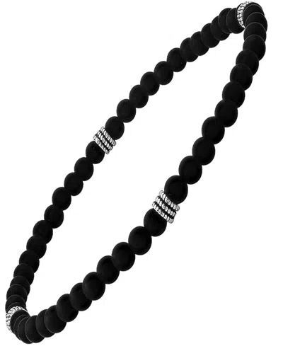 Steeltime Men's Sterling Silver And Black Lava Beaded Stretch Bracelet