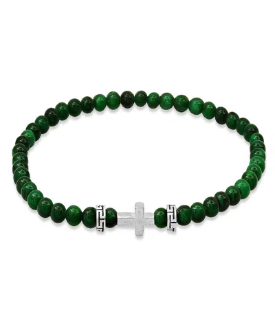 Steeltime Men's Sterling Silver Cross And Green Agate Beaded Stretch Bracelet