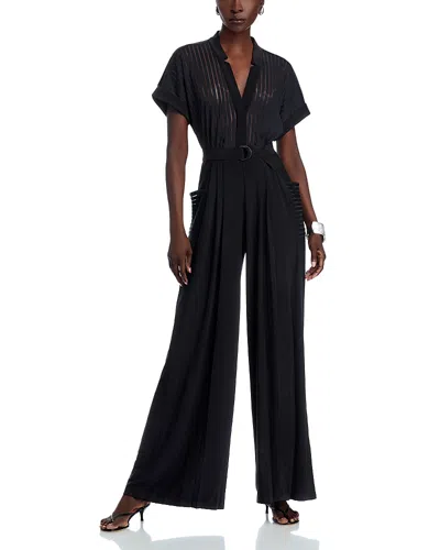 Norma Kamali Geralyn Belted Paneled Jersey And Mesh Jumpsuit In Black