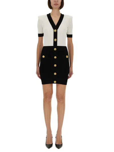 Balmain V-neck Buttoned Strong-shoulder Torsade Knit Mini Dress