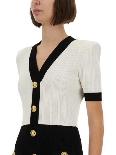 Balmain V-neck Buttoned Strong-shoulder Torsade Knit Mini Dress