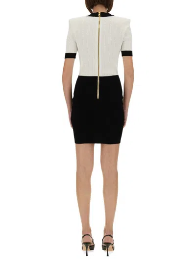 Balmain V-neck Buttoned Strong-shoulder Torsade Knit Mini Dress