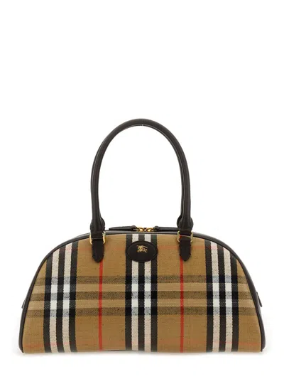 Burberry Highland Beige Handbag With Ekd Patch On The Front And All-over Check Motif In Cotton Blend Woman