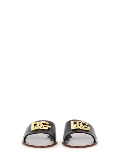 Dolce & Gabbana Flat Leather Slide Sandals With Front Embellishment In Black