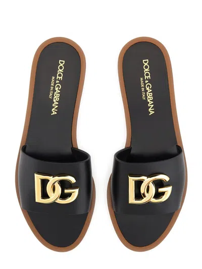 Dolce & Gabbana Flat Leather Slide Sandals With Front Embellishment In Black