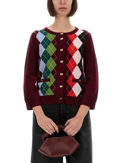 Ganni Womens Tawny Port Rhombus-print Round-neck Wool And Cashmere Cardigan Xl