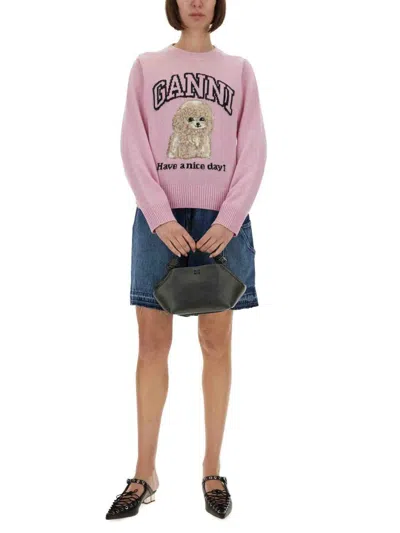 Ganni Womens Chalk Pink Poodle Logo-motif Wool-blend Knit Jumper Xs In Pink