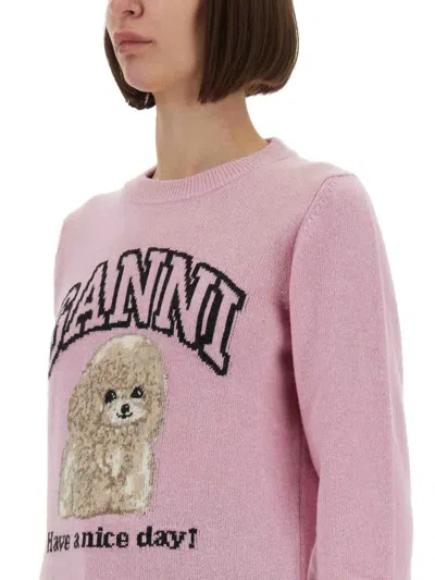 Ganni Womens Chalk Pink Poodle Logo-motif Wool-blend Knit Jumper Xs In Pink