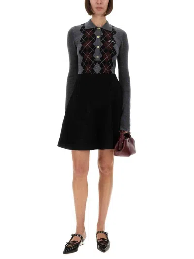 Ganni Grey Sweater With Classic Collar And Check Motif On The Front In Wool Woman In Gray