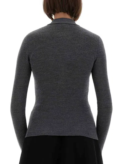 Ganni Grey Sweater With Classic Collar And Check Motif On The Front In Wool Woman In Gray
