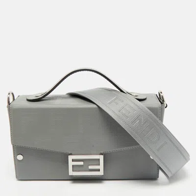 Pre-owned Fendi Grey Ff Embossed Leather Soft Trunk Baguette Bag In Gray