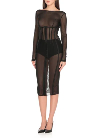 Elisabetta Franchi Tulle Midi Dress In Black