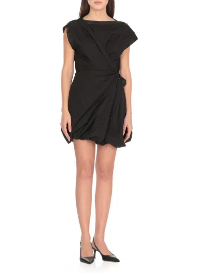 Pinko Cotton Dress With Pleated Skirt And Buttoned Shoulders In Black