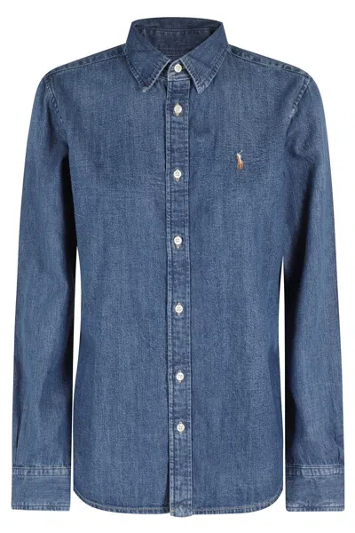 Polo Ralph Lauren Blue Shirt With Classic Collar And Pony Embroidery On The Front In Denim Woman In Blue