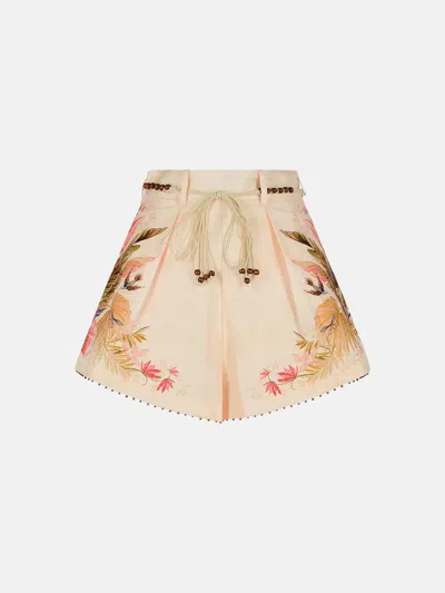Zimmermann 'tuck' Linen Pleated Shorts In 'cream Palm Floral' Color