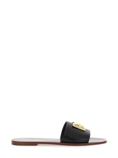 Dolce & Gabbana Flat Leather Slide Sandals With Front Embellishment In Black