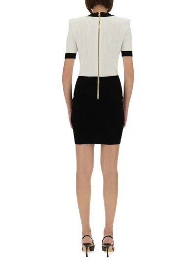 Balmain V-neck Buttoned Strong-shoulder Torsade Knit Mini Dress
