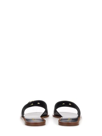 Dolce & Gabbana Flat Leather Slide Sandals With Front Embellishment In Black