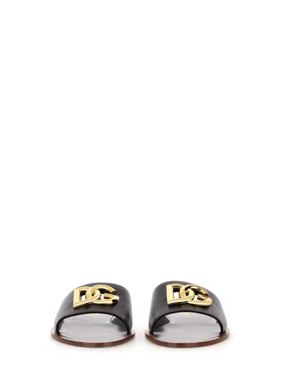 Dolce & Gabbana Flat Leather Slide Sandals With Front Embellishment In Black