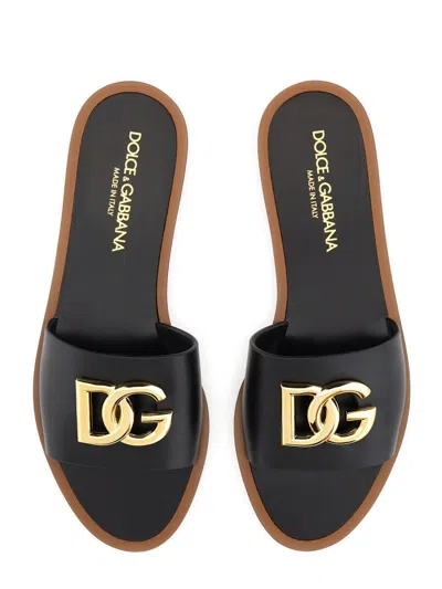 Dolce & Gabbana Flat Leather Slide Sandals With Front Embellishment In Black