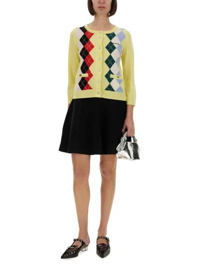 Ganni Knitwear Cardigan With Argyle Pattern And Pockets In Yellow