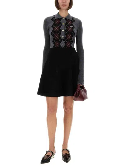 Ganni Grey Sweater With Classic Collar And Check Motif On The Front In Wool Woman In Gray
