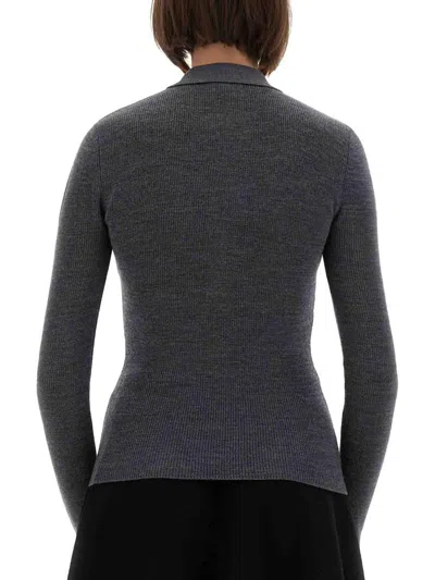 Ganni Grey Sweater With Classic Collar And Check Motif On The Front In Wool Woman In Gray