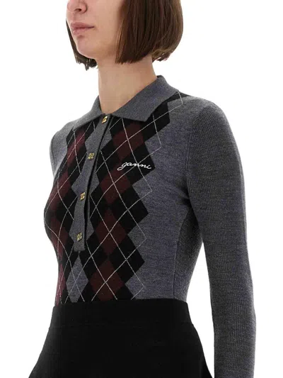 Ganni Grey Sweater With Classic Collar And Check Motif On The Front In Wool Woman In Gray