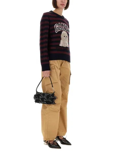 Ganni Graphic Wool Mix Poodle Stripe Sweaters And Cardigans Multicolor In Brown