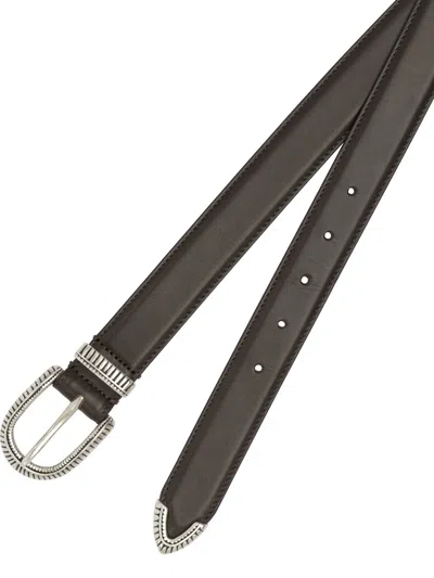 Adriano Meneghetti Black Leather Belt With Decorative Silver Buckle In Black