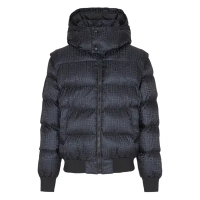 Balmain Short Nylon Jacquard Down Jacket With Black Monogram Men In Blue