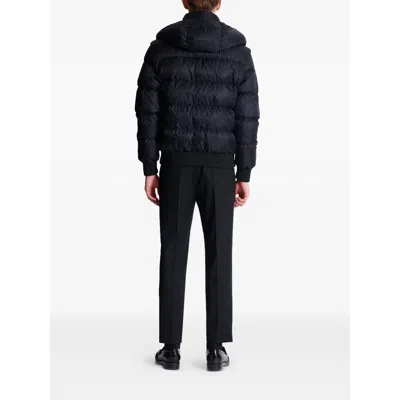 Balmain Short Nylon Jacquard Down Jacket With Black Monogram Men In Blue