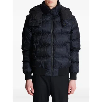 Balmain Short Nylon Jacquard Down Jacket With Black Monogram Men In Blue