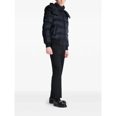 Balmain Short Nylon Jacquard Down Jacket With Black Monogram Men In Blue
