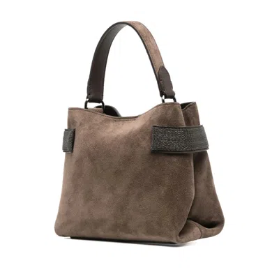 Brunello Cucinelli Suede Leather Shoulder Bag With Metal Hardware In Brown