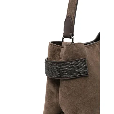 Brunello Cucinelli Suede Leather Shoulder Bag With Metal Hardware In Brown