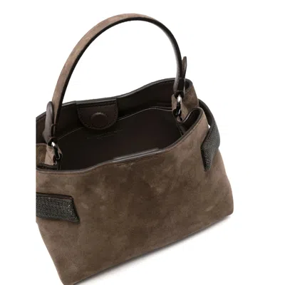 Brunello Cucinelli Suede Leather Shoulder Bag With Metal Hardware In Brown